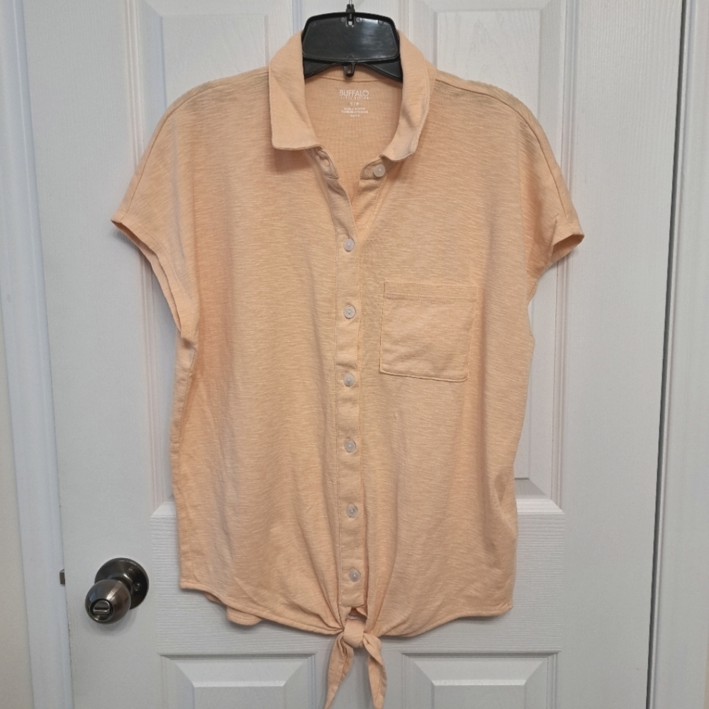 ❤️ Buffalo David Bitton Slub Knit Top Button Up Tie Front Blouse Small  Yellow